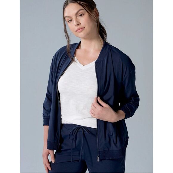 NWOT Soma Weekend TECH KNIT Bomber Jacket Navy size L Full Zip - Picture 1 of 10